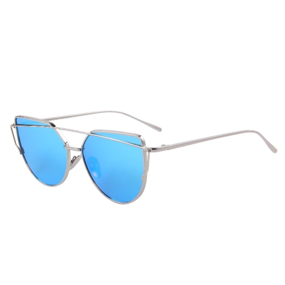 Blue Lens Silver Frame Cat Eye Aviator Sunglasses - Picture 3 of 5